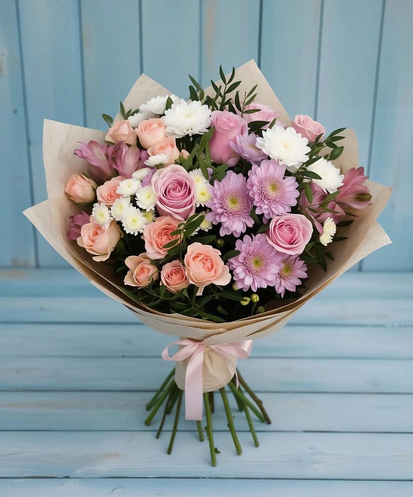 Букет цветов из: Хризантемы, Розы и Альстромерии в Сенном