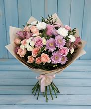 Букет цветов из:  Хризантемы, Розы и Альстромерии #REPLACE_PRED# Сенном