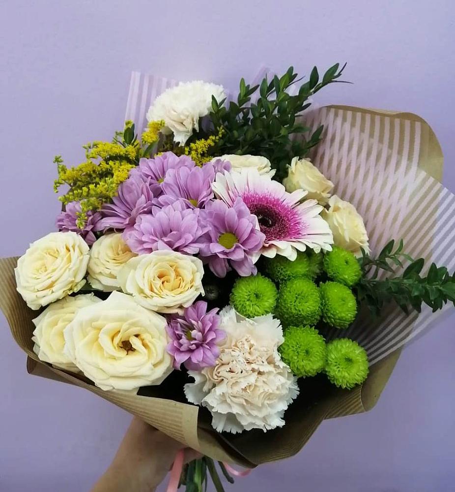 Букет цветов из: Хризантемы, Розы, Гвоздики и Герберы в Сенном