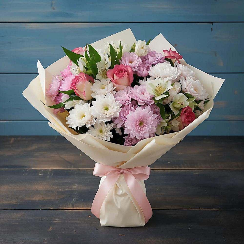 Букет цветов из: Хризантемы, Альстромерии и Розы в Сенном